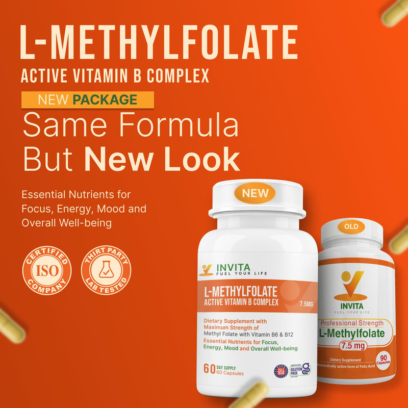 INVITA, L-Methylfolate 7.5mg + Active Vitamin B Complex – 60 Capsules - 5-MTHF Supplement with Vitamin B6 & B12 Methylcobalamin for Mood, Energy and Heart – Non-GMO, Gluten Free, 2-Month Supply