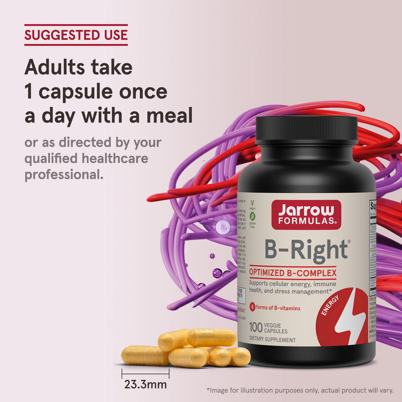 Jarrow B-Right Vitamin B Complex Formula, 100 Capsules | Optimized B-Complex Supports Cellular Energy & Metabolism, Cardiovascular Health, Immune & Heart Health, Vegan, Non-GMO Unflavored 100 Count (Pack of 1)