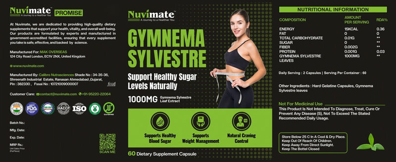 Gymnema Sylvestre Capsule 1000mg | Dietary Supplement for Healthy Blood Sugar Levels | Chromium Picolinate Alternate| Support Metabolism - 60 Capsules