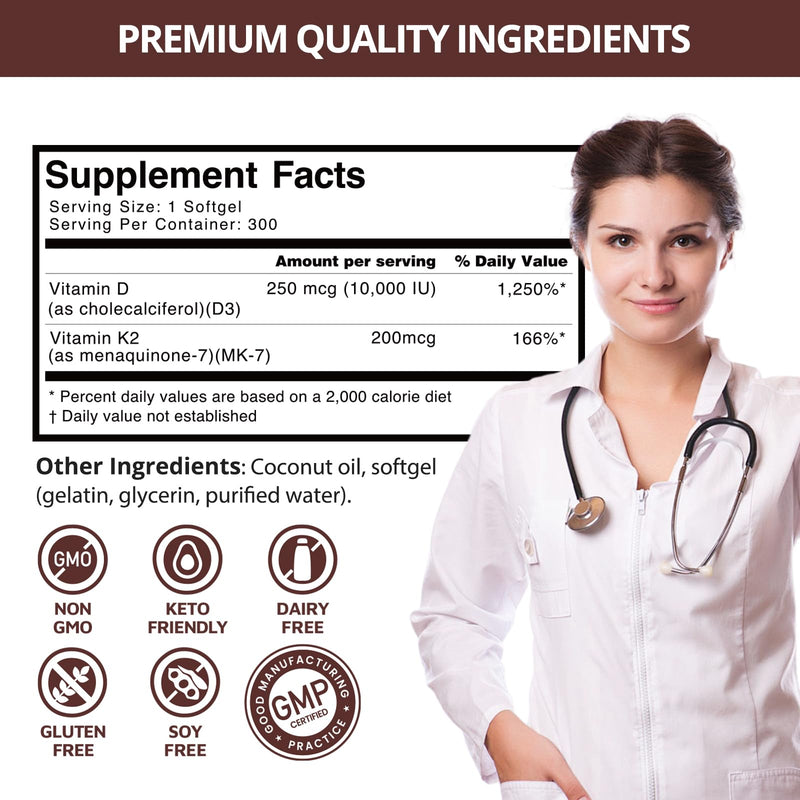 300 Pcs 2 in 1 Vitamin D3 10000 iu Plus K2 (MK-7) 200 mcg Virgin Coconut Oil Softgels with Vitamins D & K Supports Calcium Absorption, Bone, Immune, & Heart Health – Easy to Swallow 10000 IU Coconut Oil 300 Softgels