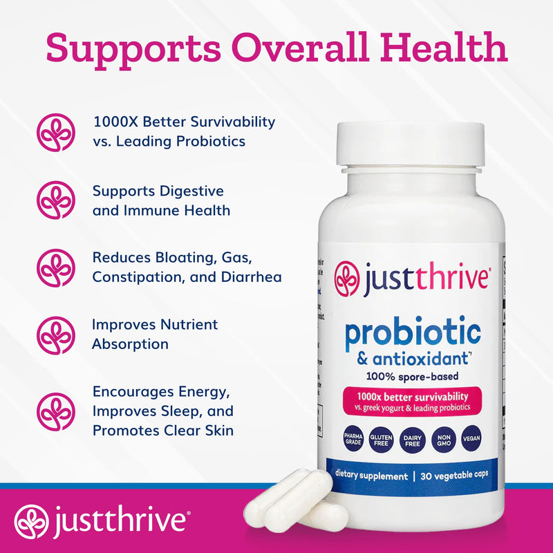 [Australia] - Just Thrive Probiotic & Antioxidant Supplement - 100% Spore-Based Digestive and Immune Support - Gluten Free, 30 Caps 30 Count (Pack of 1) 