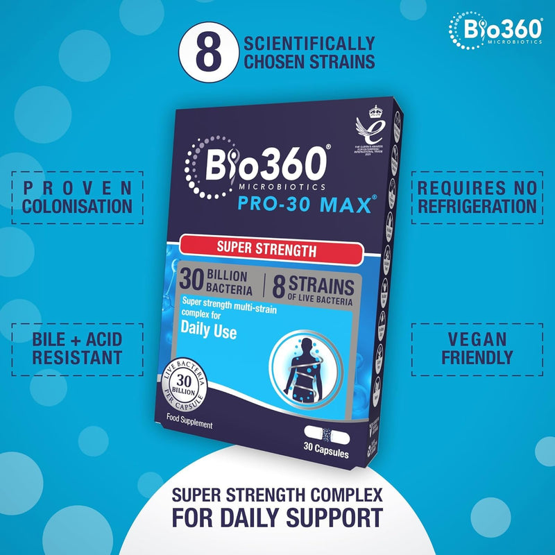 Natures Aid Bio360 Pro-30 MAX (30 Billion Bacteria), 30 Capsules (Pack of 5), 148.0 g | 30 Billion Bacteria, 30 Capsules per Pack, 150 Capsules Total