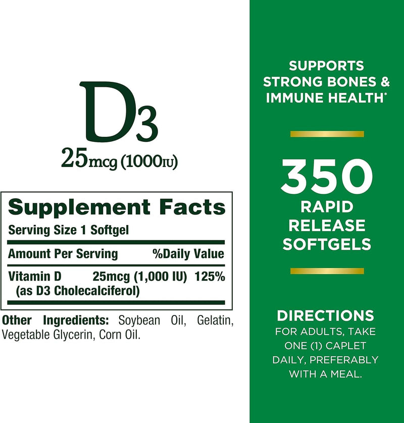 Nature's Bounty Bounty D-1000 IU Dietary Supplement Rapid Release Liquid Softgels 350 ea (Pack of 3) 350 Count (Pack of 3)