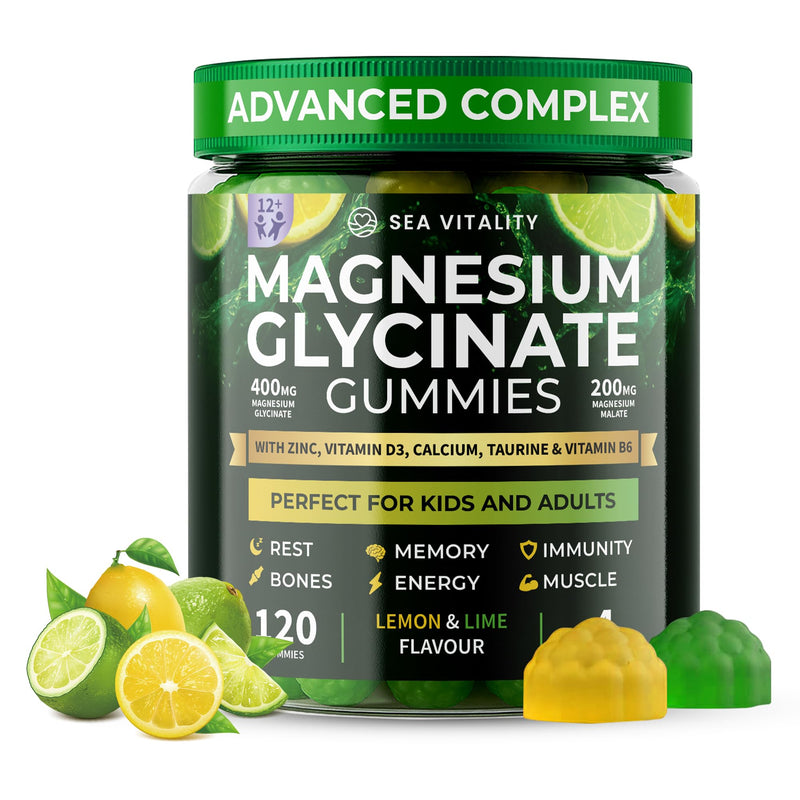 Magnesium Glycinate Gummies for Kids & Adults - High Strength Magnesium Glycinate 400mg with Malate, Zinc, D3, B6 & Taurine – Lemon & Lime Flavours – Sleep, Focus & Relaxation – 120 Chews Lemon Lime 120 count (Pack of 1)