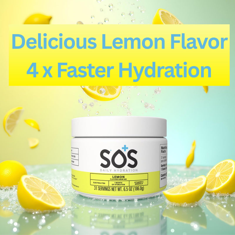 SOS Hydrating Electrolyte Powder (Lemon Flavour - Bulk 31 Servings) Best Fast Acting, Low Calorie Rehydration Sports Drink