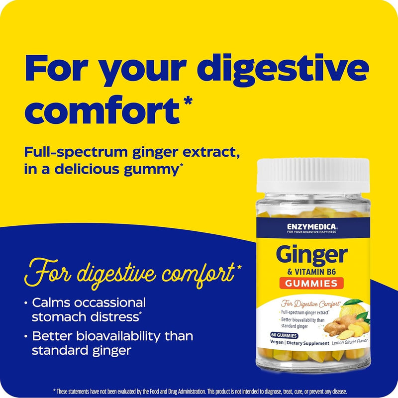 Enzymedica Ginger Root & Vitamin B6 Gummies for Adults - 60 Count | Ginger & Vit B6 Supplement Chews for Women & Men, Helps Digestion, Vegan, Gluten Free 60 Count (Pack of 1)