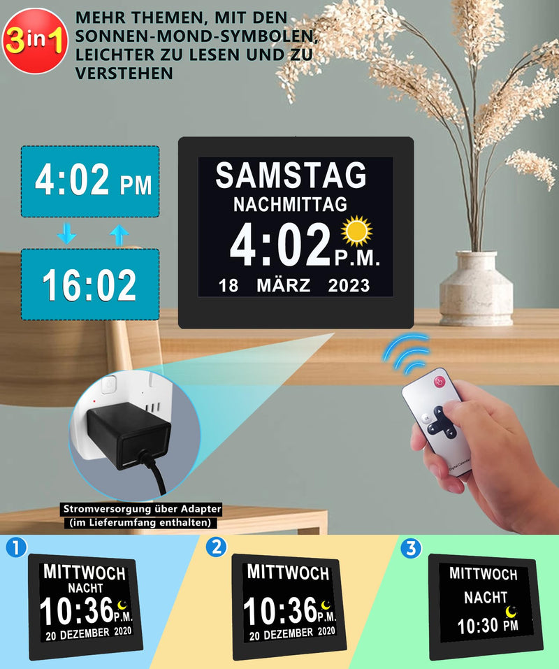 [Australia] - Véfaîî 2024 New, 19 Alarms Electronic Day Date Calendar Clock, Non-Abbreviated Day Date Large Clock for Seniors with Dementia Alzheimer - with Remote Control - 8 Inch with Remote Control Black 