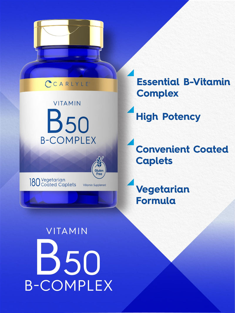 Carlyle Vitamin B50 Complex | 180 Vegetarian Caplets | Non-GMO, Gluten Free