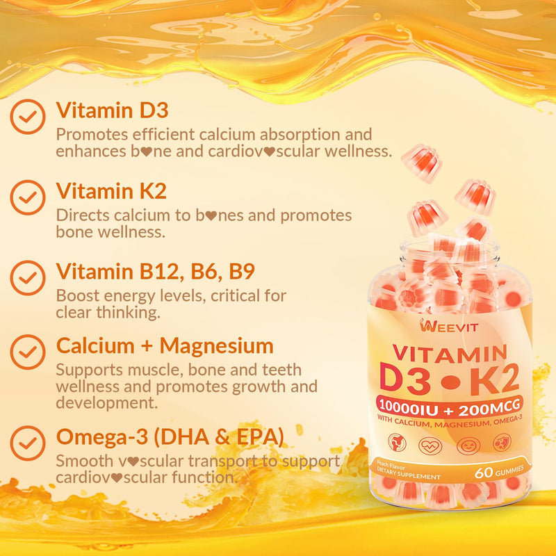 Vitamin D3 K2 Gummies, D3 K2 Vitamin 10000iu w/Omega-3, Magnesium, B12 | Vitamin D Gummies, K2 D3 Supplement for Women & Men, Vegan, Sugar Free 60 Count (Pack of 2)