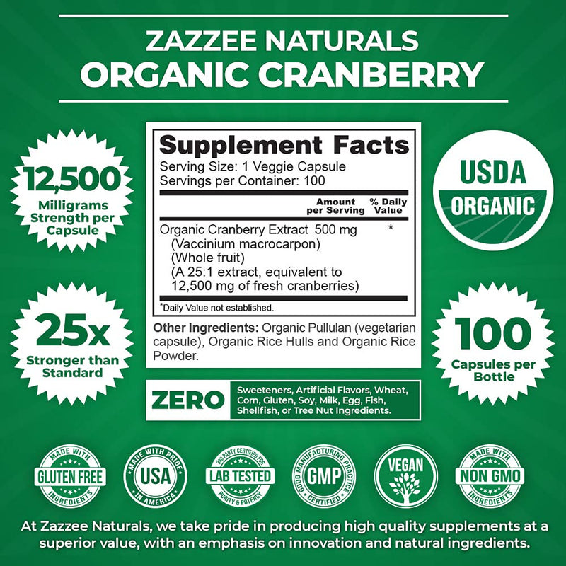 [Australia] - Zazzee USDA Organic Cranberry 25:1 Extract, 12,500 mg Strength, 100 Vegan Capsules, Over 3 Month Supply, Standardized, Concentrated 25X Extract, 100% Vegetarian, Certified Organic, Non-GMO All-Natural 
