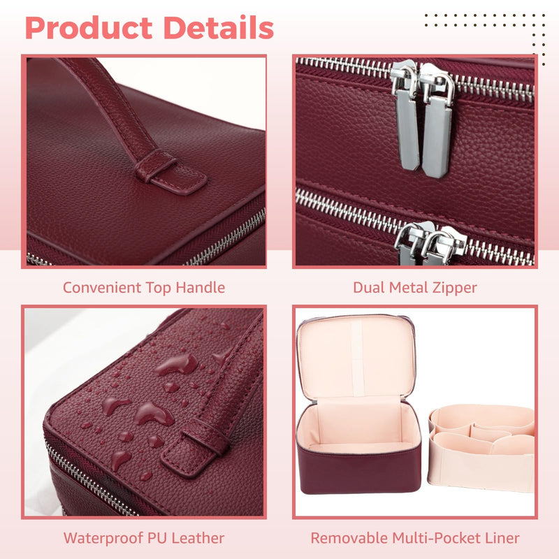 Makeup Vanity Bag for Women - Large Capacity Cosmetic Organizer with Removable Liner, Waterproof PU Leather Skincare Bag, Portable Chic Cosmetic Make Up Case for Skincare, Accessories,StyleC, Burgundy StyleC