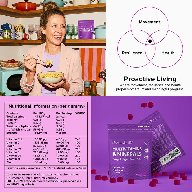 Actovite Multivitamin Gummies for Active Women | Movement + Immunity + Health | Targeted Blend: B-Complex Vitamin C/D/K Biotin Zinc | Multivitamins & Minerals | 60 x Vegan Berry & Apple Soft Gummies