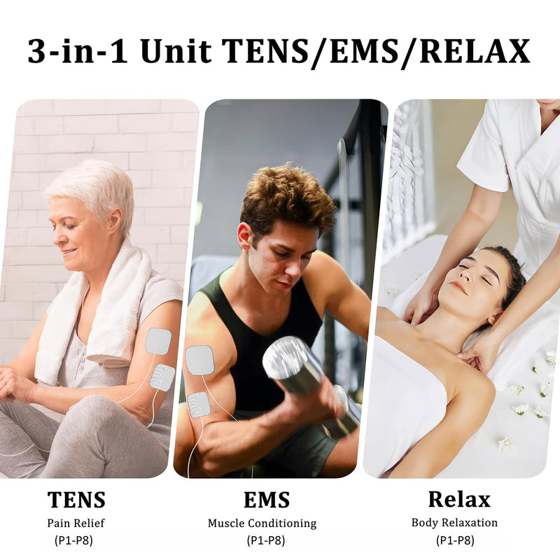Dual Channel TENS EMS Unit 40 Intensities for Gradual Pain Relief Therapy, 24 Modes Muscle Stimulator, Electronic Pulse Massager with 8 Pads, Dust-Proof Drawstring Storage Bag
