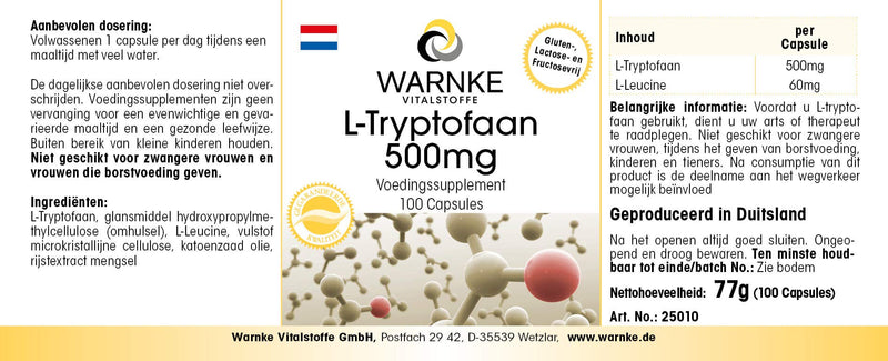 [Australia] - L-Tryptophan 500mg capsules - 100 capsules - high dosage & vegan - amino acid | Warnke vital substances - German pharmacy quality 