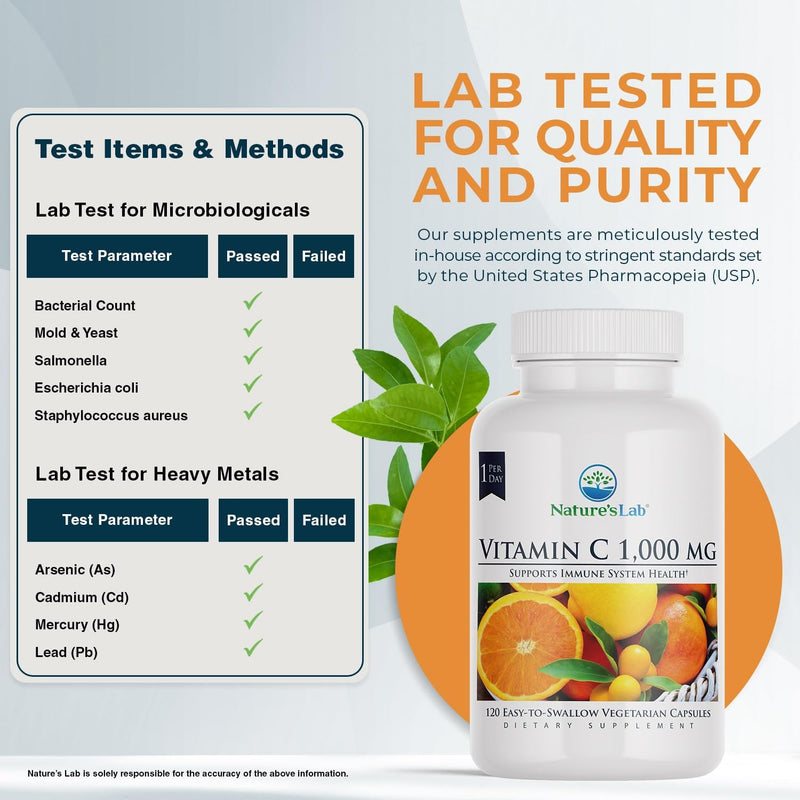 Nature's Lab Vitamin C 1000mg Per Capsule -Supports Immune System Health, 120 Count (Pack of 1) 120 Count (Pack of 1)