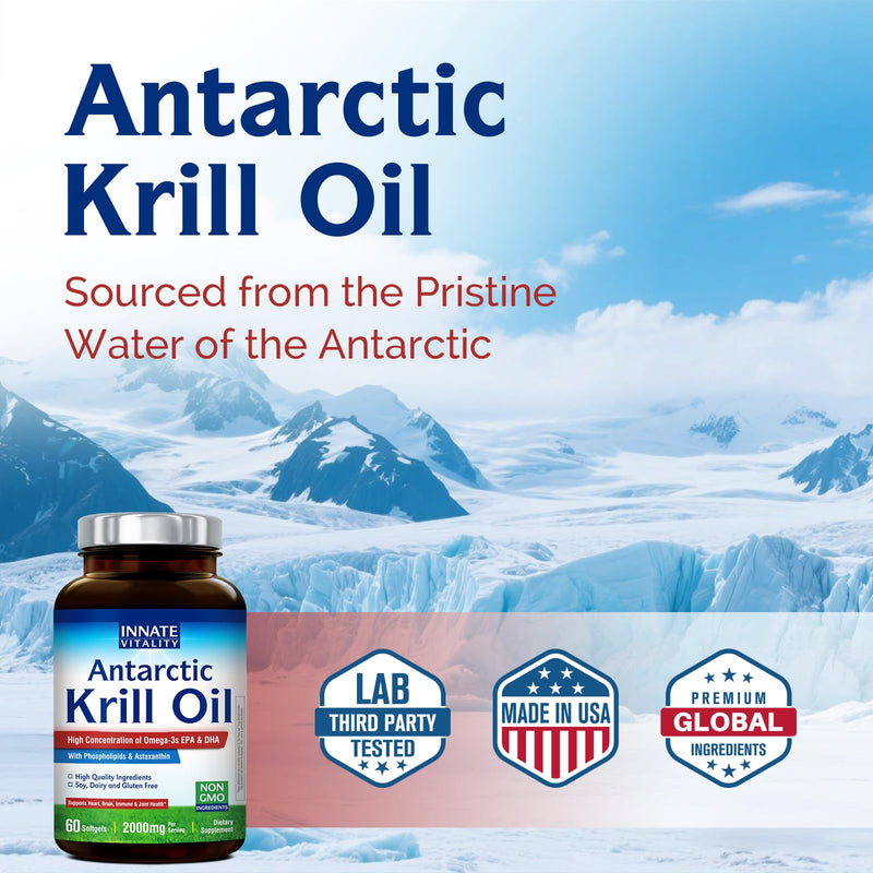 [Australia] - Innate Vitality Antarctic Krill Oil 2000mg 60 Softgels, Omega 3s, DHA, EPA & Astaxanthin, Phospholipids, Brain, Concentration, Heart, Bone, Immune Health, Superior Absorption vs Fish Oil, No Fish Burp 
