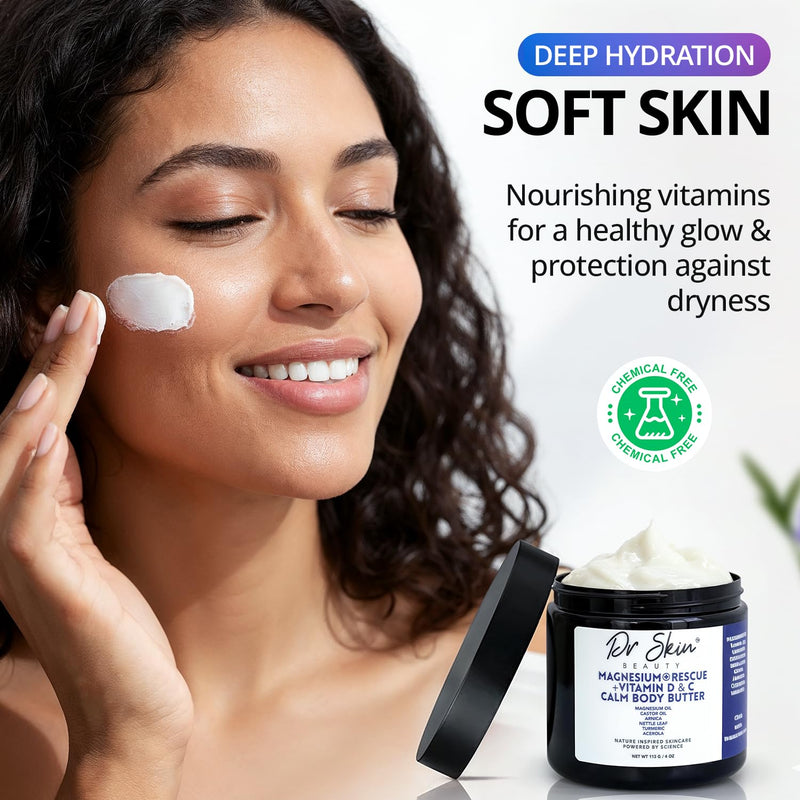 Dr Skin Magnesium + Vitamin D & C Body Butter - Lavender Muscle Relaxer Infused With Magnesium & Castor Oil - Apply Magnesium Cream to Legs, Arms & Chest - USA Made, 4oz (Lavender)