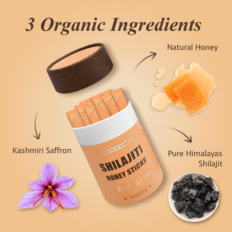 Shilajit Honey Sticks for Men | 100% Pure Himalayan Shilajit Resin with Fulvic Acid | 85+ Trace Minerals for Energy and Immunity Boosting | 30 Sticks (Honey Sticks)