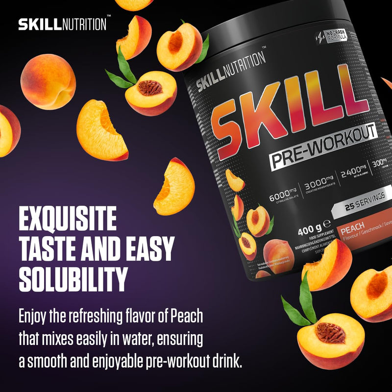 Skill Nutrition Pre-Workout Peach - No-Crash Formula with Extended-Release Caffeine | Xtenergy®, TheaGreen™, Vitacholine®, Astragin® | Vegan, Halal | B-Vitamins, Citrulline, Beta-Alanine