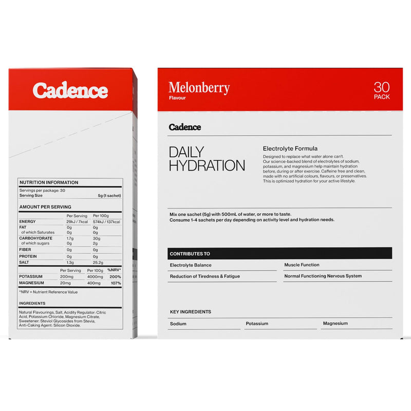 Cadence Daily Electrolyte Hydration Sachets - Essential Electrolytes Powder - Sodium, Potassium & Magnesium - Zero Caffeine, Vegan, Keto - Everyday Use for Rehydration - Melonberry - 30 Sachets