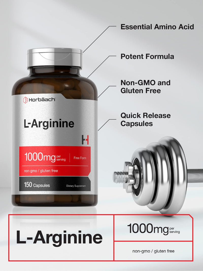 Horbäach L Arginine 1000mg Capsules | 150 Powder Pills | Free Form | Non-GMO & Gluten Free Supplement 150 Count (Pack of 1)