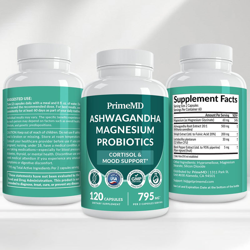 5-in-1 Cortisol Supplement for Women and Men with Ashwagandha for Calmness, Focus, and Adrenal Support Supplements with Shilajit Extract, Magnesium Glycinate, Probiotics (120 ct) (Pack of 1) | Calmness, Focus and Stress Support, Ashwagandha with Shilaj...