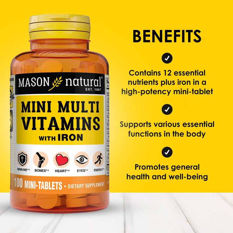 MASON NATURAL Mini Multivitamin with Iron, Gluten Free, 100 Day Supply | 12 essential nutrients plus iron, including vitamins A, C, D, E, B-complex, folate & calcium for daily support 100 Count (Pack of 1)