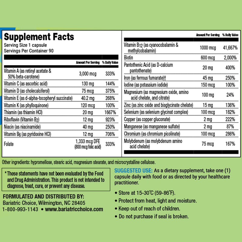 [Australia] - Bariatric Choice Once-Daily Bariatric Multivitamin with 45 mg of Iron | Easy to Swallow Capsule | Vitamin for Bariatric Surgery Patients | 90 Count (3-Month Supply) 1 Count (Pack of 90) 