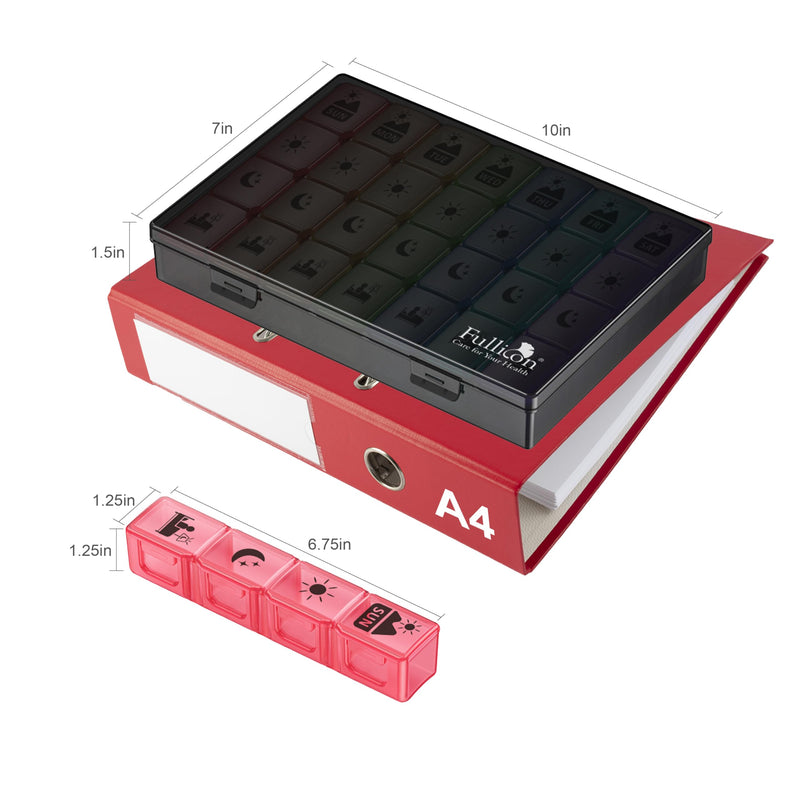 Fullicon Large Pill Organizer 4 Times a Day, 7 Day Pill Box, Black Rainbow | Each Compartment Holds 12 Fish Oils or 13 Vitamins, Clear Daily Icons, Durable Printing, Easy Open, Secure Snap Lids Multicolor