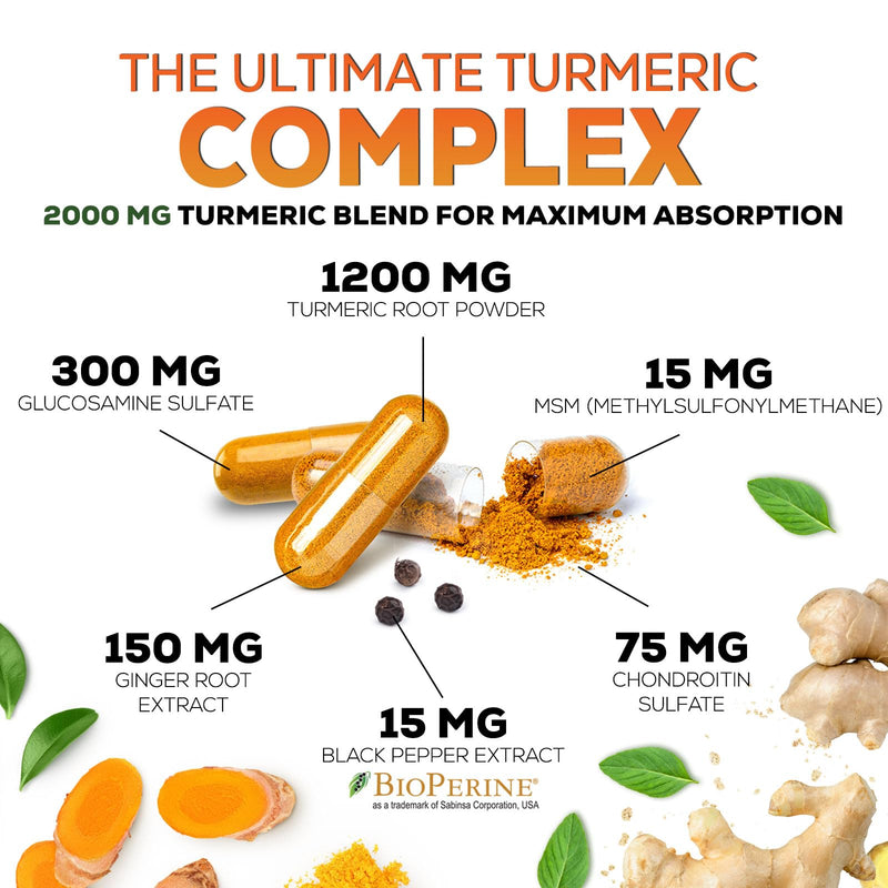 [Australia] - Turmeric Curcumin Supplement 2000mg - 95% Curcuminoids with Glucosamine, Ginger & MSM, BioPerine Black Pepper for Best Absorption, Nature's Vegan Joint Support, Non-GMO, Bottled in USA - 240 Capsules 240 Count (Pack of 1) 