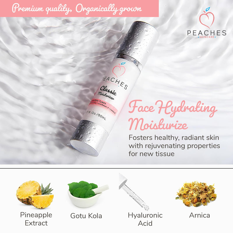 Peaches Skin Care Vegan Classic Moisturizer with Gotu Kola Cream, 1.7 oz | Age-defying daily face cream with vitamin E, gotu kola and pineapple, hydrating moisturizer for dry skin and all skin types. 1.7 Fl Oz (Pack of 1)