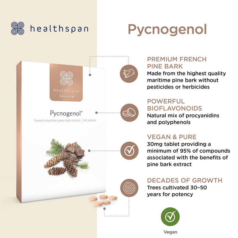 Healthspan Pycnogenol 30mg (60 Tablets) | French Maritime Pine Bark Extract | Providing Naturally Powerful Bioflavonoids | No Pesticides and No Herbicides | Vegan