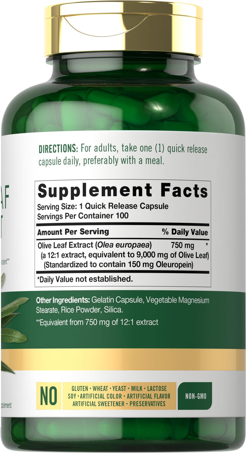 Carlyle Olive Leaf Extract Capsules | 9000mg | 100 Count | Non-GMO, Gluten Free | High Potency Supplement 100 Count (Pack of 1)