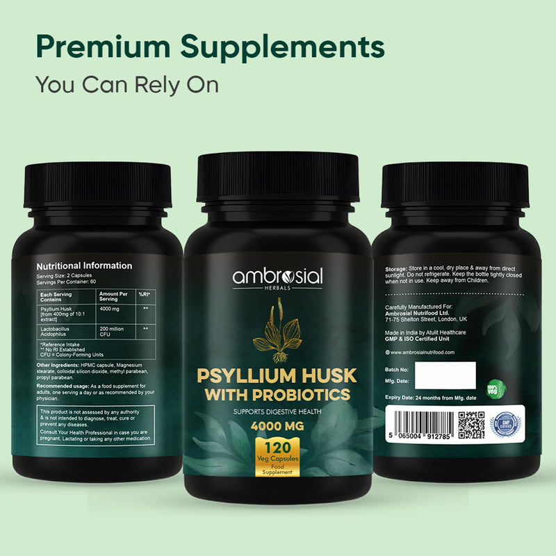 Ambrosial Psyllium Husk 4000 mg with Probiotics – 2-in-1 Plant-Based Fiber & Probiotic Complex – Natural Daily Fiber Source with Lactobacillus Acidophilus – 120 Vegan Capsules – Non-GMO, Gluten-Free