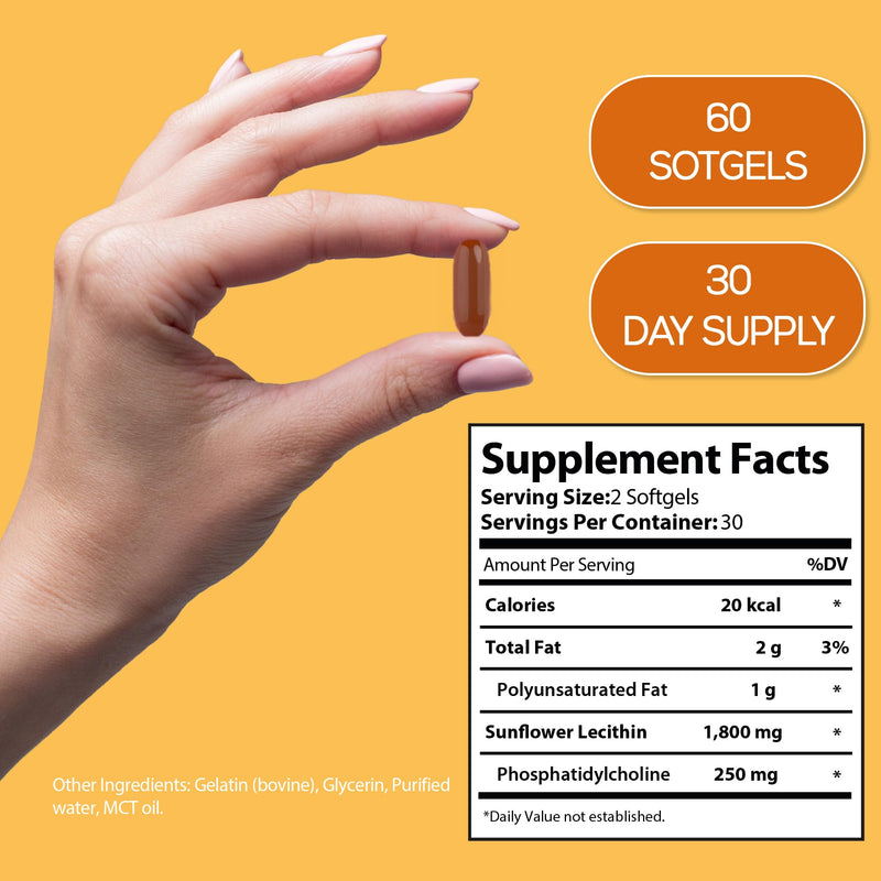 Sunflower Lecithin Wellness Supplement, 2050 mg High-Potency, Lab Tested Non-GMO, Gluten-Free, Soy-Free 60 Softgels, Proudly USA Company