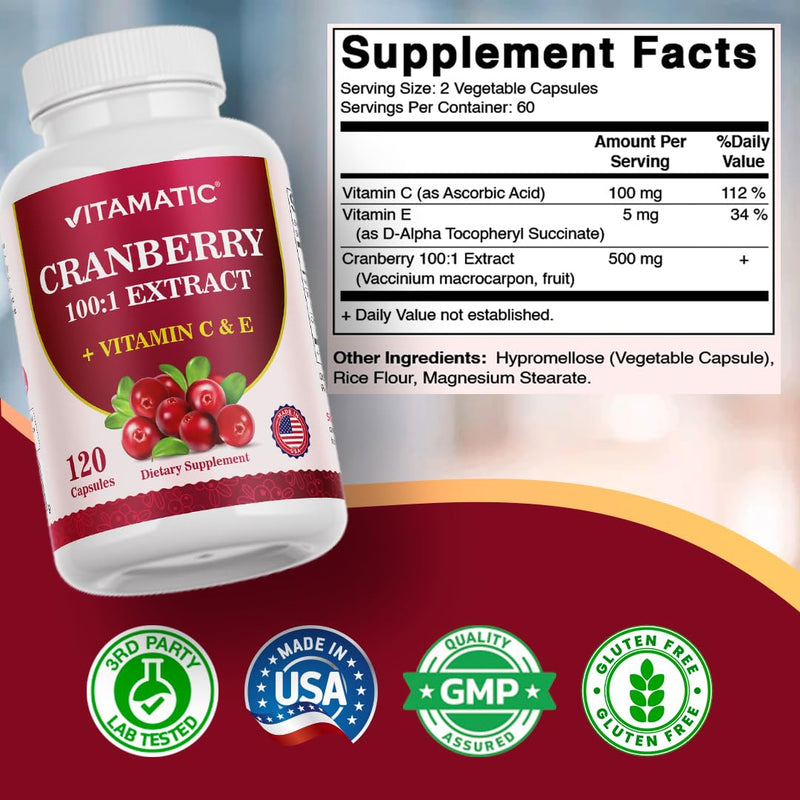 Vitamatic Cranberry 500 mg 100:1 Extract (2 Capsules) with Vitamin C & E – 120 Veg Capsules – Urinary Tract & Bladder Support Supplement – Non-GMO, Gluten Free, Made in USA