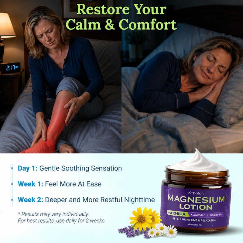 Magnesium Lotion for Sleep with Arnica, Lavender & Chamomile - 4Oz | Nighttime Magnesium Cream for Muscle, Leg, Foot Lotion, Relaxation Gifts for Women, Birthday Gifts for Women, Fast Absorbing 4 Fl Oz (Pack of 1)