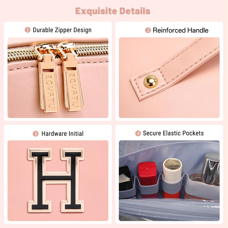 BOYATU Personalized Travel Makeup Bag: 3-in-1 Cosmetic Bag Gift for Women | Initial Make up Bag Organizer - Custom Letters A-Z - Flat Open Portable Toiletry Bag for Birthday Graduation Anniversary Pink H