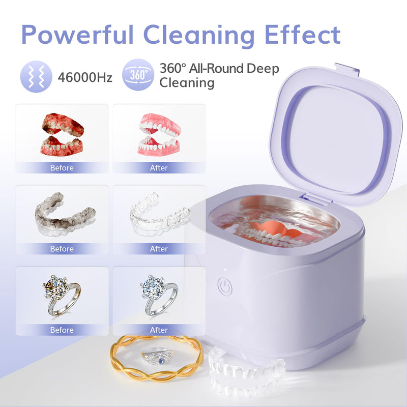 [Australia] - ROLWAY Retainer Cleaner,46kHz 220ML Ultrasonic Retainer Cleaner with One Touch Control, Deep Cleaning for Mouth Guard, Braces, Invisible Aligners, Dentures, Jewelry (Purple) Purple 