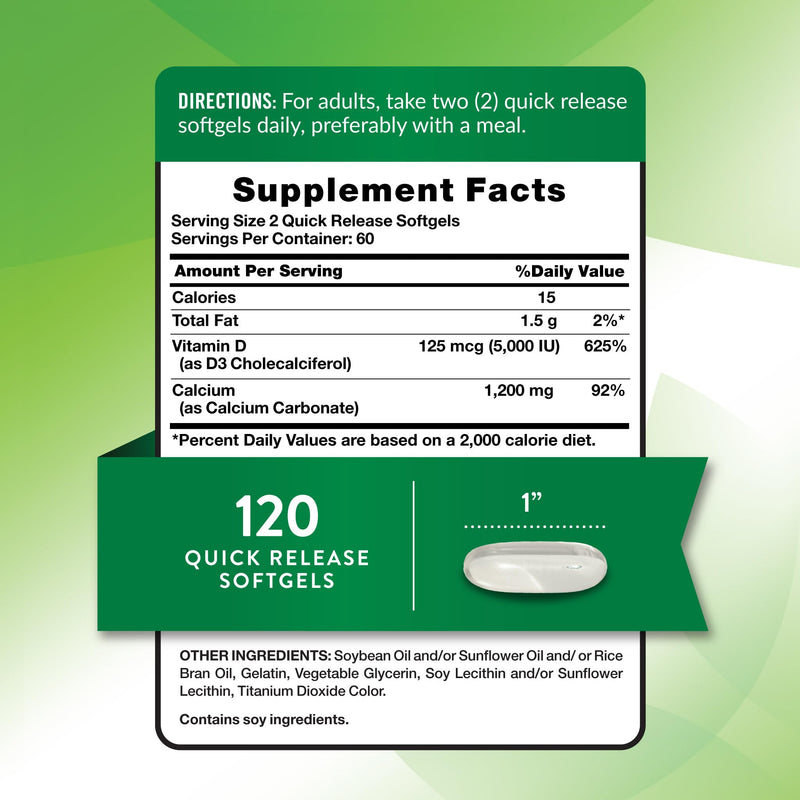 Nature's Truth Absorbable Calcium | 1200 mg | with Vitamin D3 5000 IU | 120 Softgels | Calcium Carbonate | Non-GMO & Gluten Free Supplement 120 Count (Pack of 1)