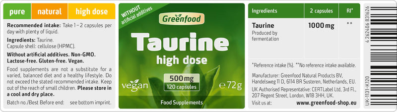 Greenfood Taurin, 500 mg, Highly dosed, 120 Capsules - Natural, Known from Energy Drinks. Without Artificial additives. Without Genetic Engineering. Vegan.