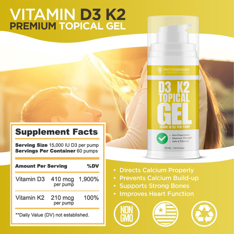 Phytogenesis Vitamin D3 K2 Topical Gel | The Sunshine Vitamin, Immune Support, Bone Support, Joint Support, One Month Supply 1