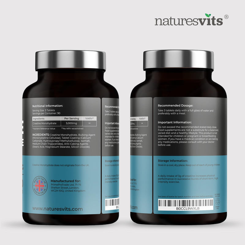 Creatine Monohydrate Tablets, 3000mg Per Serve - 270 Tablets - Gym and Nutritional Vegan Supplements for Men and Women - Post Workout Muscle Recovery - Unflavoured Formula