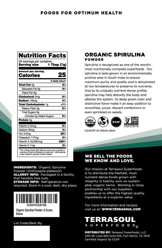 [Australia] - Terrasoul Superfoods Organic Spirulina Powder, 6 Oz, Vegan Protein, Green Superfood Boost for Smoothies, Detoxifying Elixirs, and Immune Support 