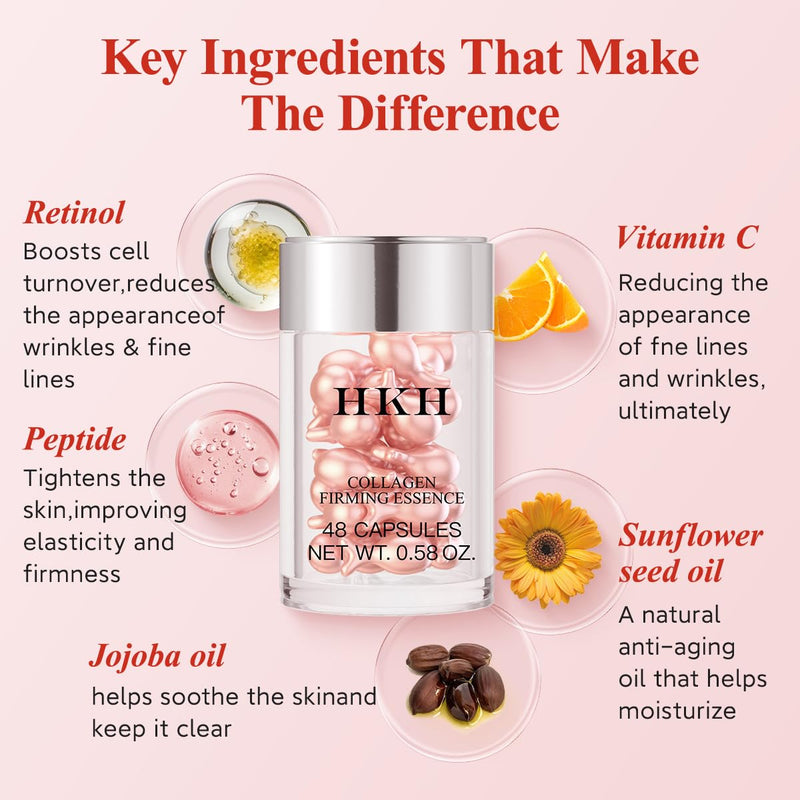 HKH Retinol Serum Capsules for Face: 48 Caps Anti-Aging Wrinkle Skincare Night Serum - Vitamin A & E Facial Oil for Women - Firming Smoothing & Skin Hydration & Moisturization - Travel-Friendly
