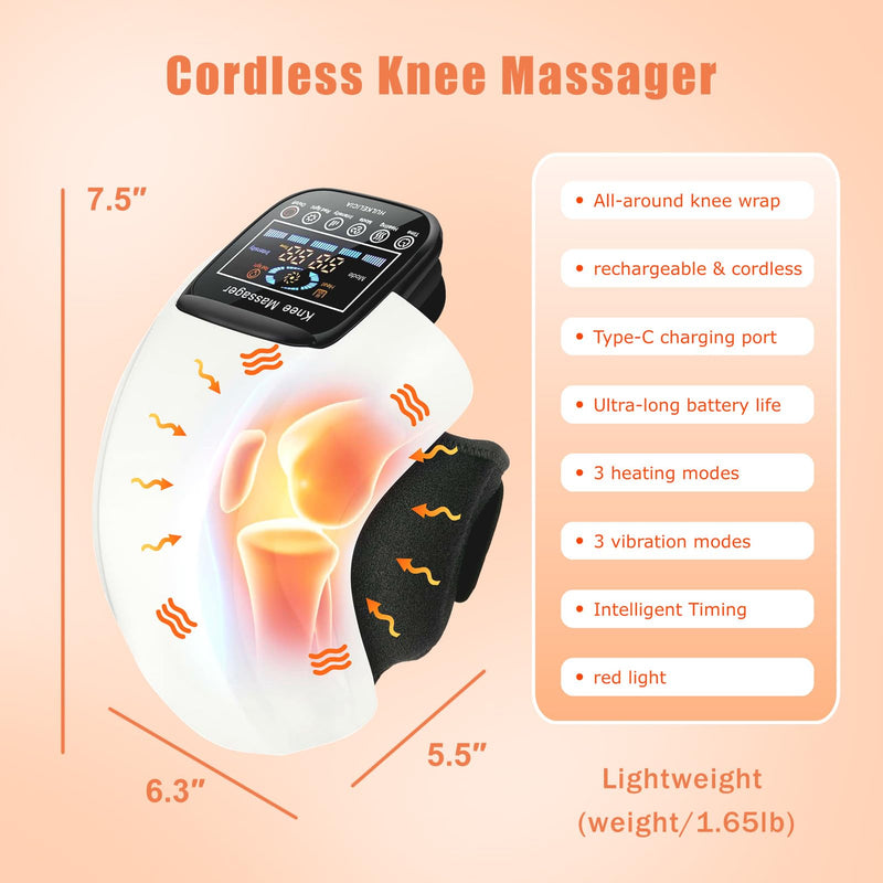 [Australia] - Knee Massager, Cordless Massager with Heat and Compression LED Screen Wearable Infrared Vibration Rechargeable Electronic Massage for Joint Pain Injury Swelling Stiffness, 1.0 Count 