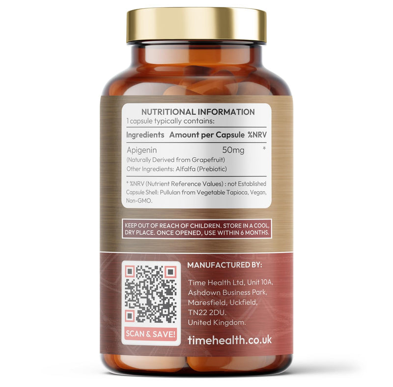 Apigenin - 50mg x 120 Capsules - 98%+ Purity - Optimal Dose for Sleep & Relaxation Support - NAD+ Booster - Grapefruit Source - UK Made - GMP Standards - Zero Additives (120 Count (Pack of 1)) 120 count (Pack of 1)