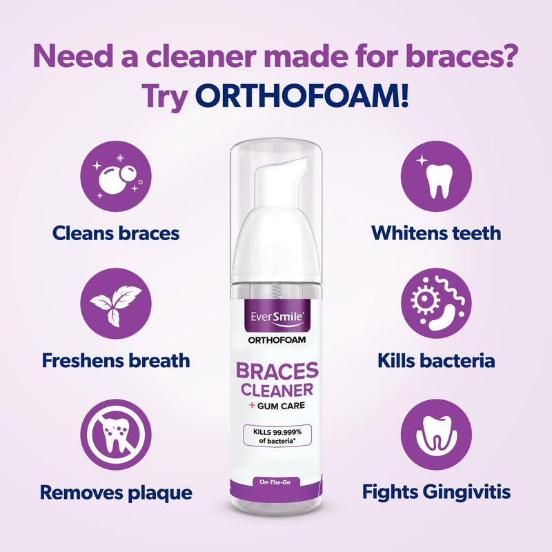 EverSmile OrthoFoam Braces Cleaner — Travel Size – Brushable Foam Whitens Teeth, Eliminates Bacteria, Fights Plaque and Bad Breath – Cleans Under Metal, Ceramic, Clear Brackets and Wires – 25ml(2 Pk) 0.85 Fl Oz 2 Pack