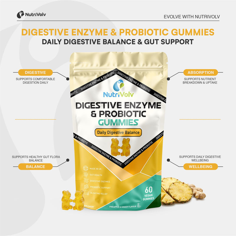Digestive Enzyme & Probiotic Gummies | 60 Vegan Gummies | Inulin, Bacillus Coagulans, Papain, Bromelain & Ginger | Digestion & Bloating Comfort | Pineapple & Ginger Flavour | UK Made | by NutriVolv