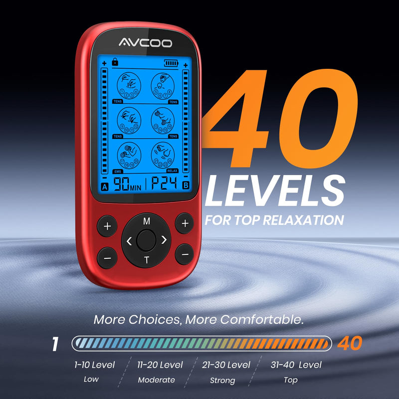 AVCOO 3-in-1 TENS Unit Muscle Stimulator for Pain Relief, 24 Modes, EVA Bag | Electronic Massager Machine with 40 Levels for Gradual Shoulder, Neck, Lower Back Pain Relief, Physical Therapy, 12 Pads, Red A Red